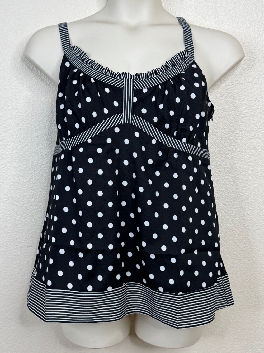 LOFT Womens 14 Polka Dot Ruffle Camisole Black White Striped Empire Blouse